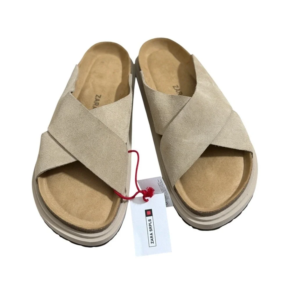 Zara SRPLS Suede Leather Criss-Cross Slide Sandals Sand Beige Mules Men's 11 NWT